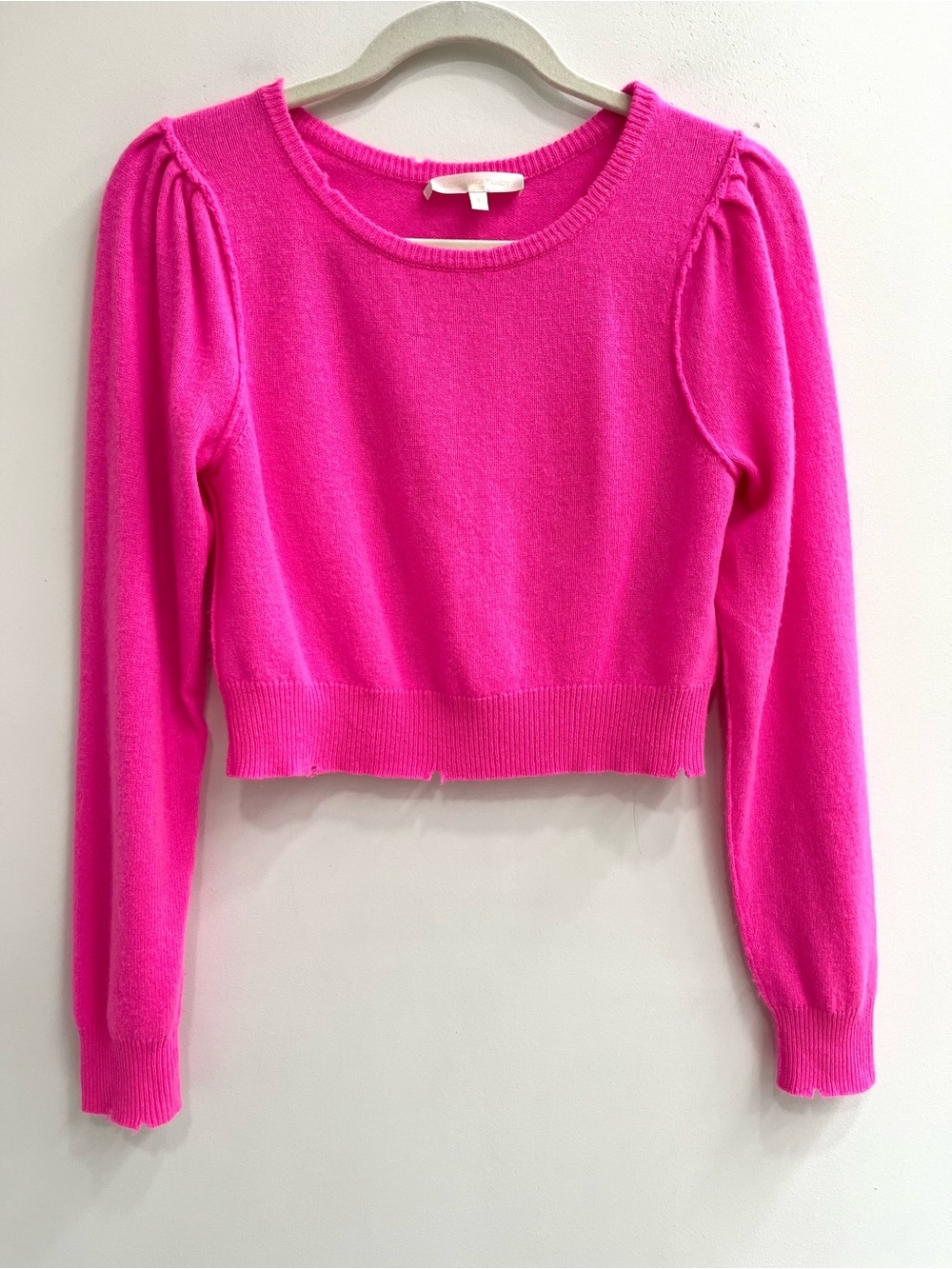 LoveShackFancy Lune Crop Pullover Sweater Wool Cashmere Puff Sleeve Hot Pink S